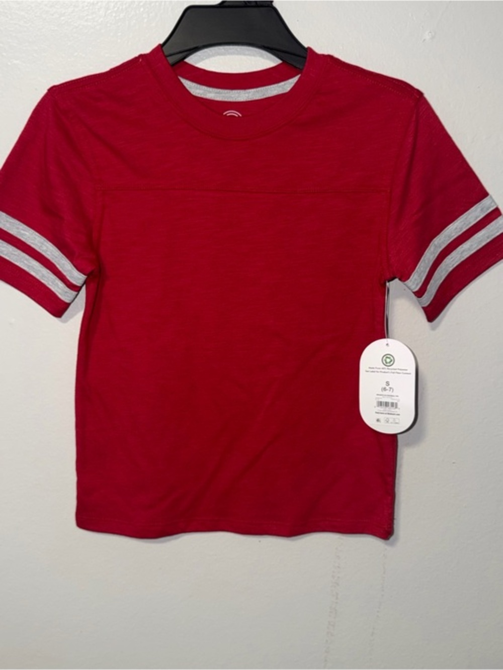 Kids Red Short Sleeve Tee with Contrast Stripe Sleeves